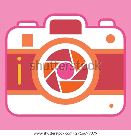 Cartoon-style camera illustration with bold colors, graphic aperture lens, and pink background
