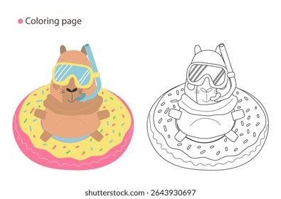 Cartoon-style capybara floating on inflatable donut ring – summer coloring sheet with goggles, snorkel, and color reference for children’s beach activities.