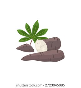 Cartoon-Stil Cassava Wurzeln mit Schnitt und grünem Blatt auf weißem Hintergrund. Ideal für Lebensmittel, Landwirtschaft, tropische Pflanzen und Bildungsangebote. Sauber, isoliert und detailliert.