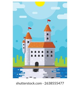 Cartoon-style castle with red roofs by a lake under sunny sky in flat vector design.