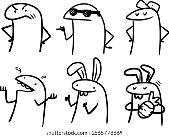 Cartoon-style characters showing different emotions and actions. Includes expressions like confidence, surprise, and joy, with some dressed as bunnies and holding an Easter egg.