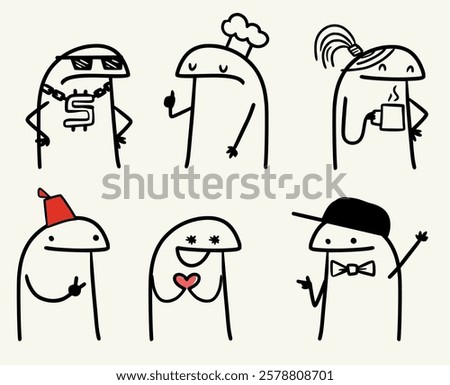 Cartoon-style characters with unique outfits and accessories, each expressing different personalities and moods. Fun and quirky illustration perfect for creative and humorous designs.