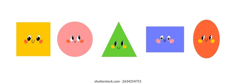 Formas alegres em estilo de desenhos animados com olhos, sorrisos e bochechas coloridas para crianças. Ilustração vetorial