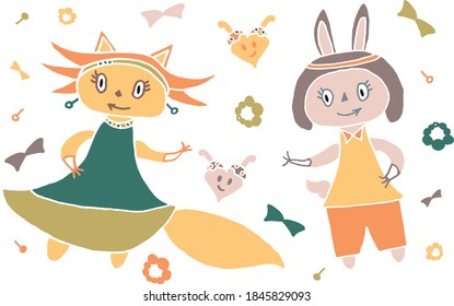 Cartoon-style children's illustration. Fox and Rabbit.