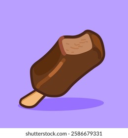 A cartoon-style chocolate ice cream bar with a bite taken out, showing a creamy center, on a pastel purple background