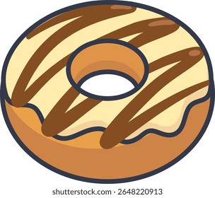 A cartoon-style chocolate and vanilla glazed donut with icing swirl. Cute and simple snack illustration.