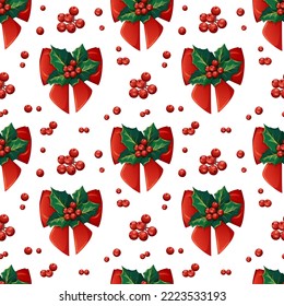 Cartoon-style Christmas pattern with holly, berries and a red bow on a white background