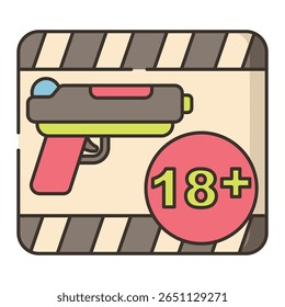 Una cartulina de estilo de dibujos animados con una pistola y un símbolo de "18+", renderizado en un estilo plano y de Ilustración vectorial. La pistola es gris, rosa y verde. El símbolo "18+" está en un círculo rojo.