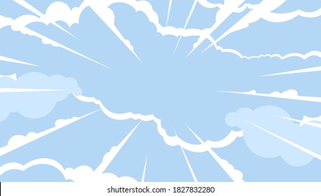 Cartoon-style clouds. Air flow in the sky. Blue fluffy heavens. The wind is high in the sky. A clear and sunny day. Comic Book-Style Clouds. Illustration of vector graphics, EPS 10.