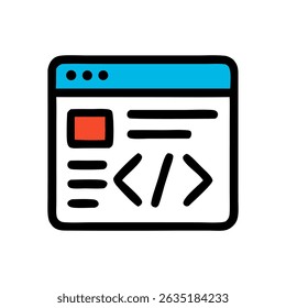 Cartoonstyle coding icon featuring a window with code symbols and graphical elements