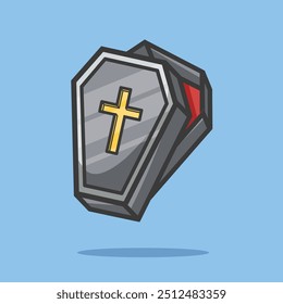 Cartoon-style coffin with a gold cross on a light blue background. Perfect for Halloween designs, spooky decor, and horror-themed content.