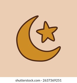 A cartoon-style crescent moon and star icon in yellow and brown outline. A perfect vector element for Islamic holidays like Eid al-Adha, Eid al-Fitr, and Ramadan decorations or educational content.