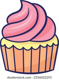 Cartoon-style cupcake with a yellow base and pink frosting swirl. Ideal for advertisements, children's books, or digital media.