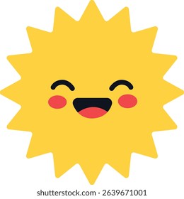 Cartoon-style cute smiling sun with rays, perfect for cheerful, bright, and playful weather-themed designs or content aimed at kids.

