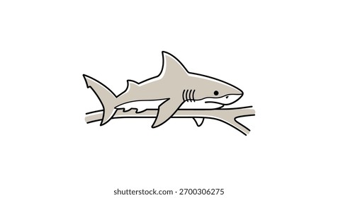 Uma representação em estilo cartoon de um tubarão descansando em um galho, apresentando linhas simples e uma paleta de cores neutras