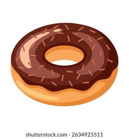 Cartoon-style donut with rich chocolate glaze and brown sprinkles. Tasty, sweet, appetizing and colorful dessert icon isolated on white background. Flat vector.