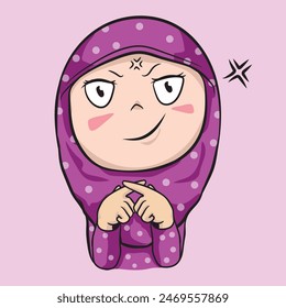 A cartoon-style drawing of a character wearing a purple hijab with polka dots.The character has a mischievous or cunning look, with one eyebrow raised and a slight smirk.