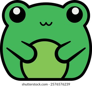 Cartoon-style drawing of a green frog with large eyes, holding a lighter green circle with its front limbs. Represents animals, simplicity, and lightheartedness.