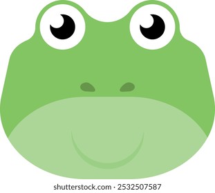 Cartoon-style drawing of a green frog's face with large, round eyes looking upwards and a wide, friendly smile, primarily green .