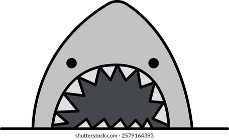 Cartoon-style drawing of a shark's head emerging from water. The shark has an open mouth filled with sharp, triangular teeth, and small black eyes. Playful and minimalistic design. Marine life.