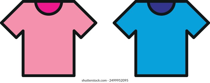 Cartoon-style drawings of two T-shirts, one pink with a red collar and one blue with a purple collar.