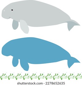 Cartoon-style dugong and dugong  silhouette and eelgrass bed border decoration set