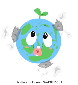 Cartoon-style Earth with a surprised expression and a sprouting leaf, surrounded by pollution symbols like smoke and waste.