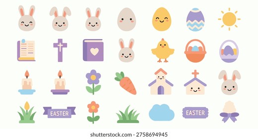 Cartoon-style Easter icons with bunny faces, eggs, chicks, flowers, candles, books, crosses, and festive banners.