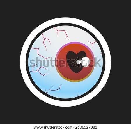 Cartoon-style eyeball with red veins, red iris, and heart-shaped pupil on black background, symbolizing love or infatuation. Vector illustration