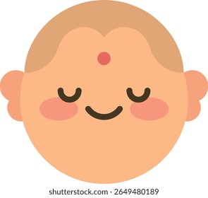Face em estilo de desenho animado com olhos fechados, bochechas rosadas, ponto vermelho na testa e expressão calma, projetada em um estilo de vetor plano para ilustrações culturais, emotivas ou infantis