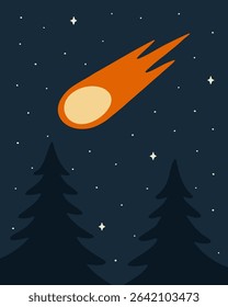 A cartoon-style fiery orange meteor streaks across a starry night sky above dark silhouettes of pine trees