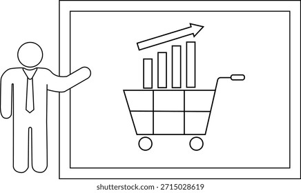 La figura de estilo de dibujos animados apunta a las barras de gráficos y la flecha en el Carrito de compras