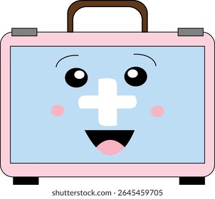 Caja de primeros auxilios de estilo de dibujos animados con un símbolo de cruz y sonrisa, ideal para contenido de educación sobre seguridad y salud.