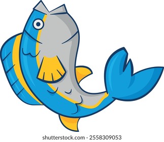 Cartoon-style fish with blue and yellow colors, featuring a large eye, small mouth, and a whimsical appearance