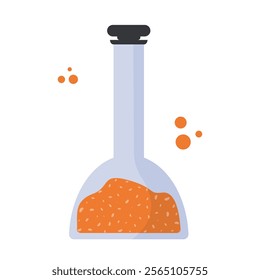 Cartoon-style flask with orange substance and bubbles on a white background. 