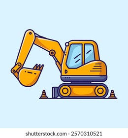 A cartoon-style, flat-lined illustration of a yellow excavator.