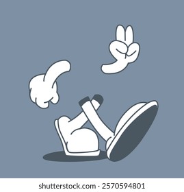 Cartoon-style floating hands showing gestures and shoes with legs crossed on a gray background. Fun and playful design element. Vector illustration