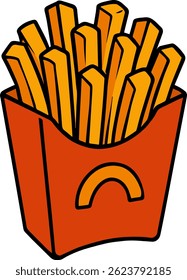 Cartoon-style French fries in a red container. A classic fast food snack illustration perfect for menus, children’s content, and food-related visuals.