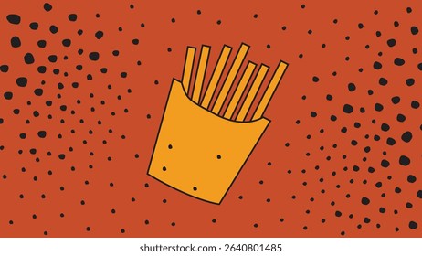 Cartoon-style fries in a yellow pack with dotted texture on red. Perfect for food-themed ads, fast food branding, and playful digital uses.