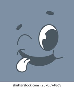 Cartoon-style funny face expression featuring a goofy smile, one eye open, and tongue out, on a simple gray background. Concept of humor and playfulness. Vector illustration.