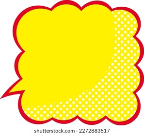Cartoon-style fuzzy square speech bubble, facing left, red and yellow with dots