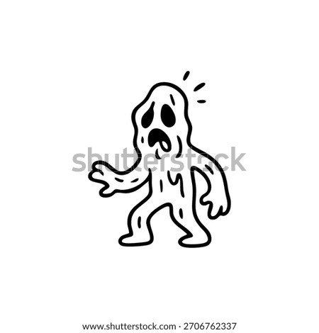 A cartoon-style ghost figure in black and white looks frightened on a white background.