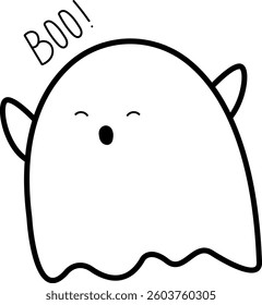Cartoon-style ghost with rounded body and small arms, playful expression with closed eyes and open mouth, text "BOO!" above. Ghost, cartoon, Halloween.