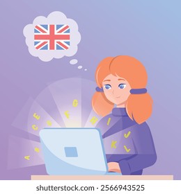 Cartoon-style girl learning English on her laptop