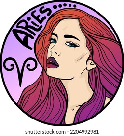 Cartoon-style girl with a zodiac sign aries. Hand-drawn vector colourful illustration.