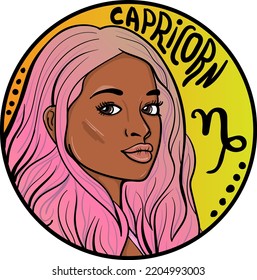 Cartoon-style girl with a zodiac sign capricorn. Hand-drawn vector colourful illustration.