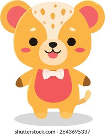 Um urso dourado de estilo cartoon com uma testa de cor creme com manchas, bochechas rosadas, uma barriga vermelha e uma gravata branca.