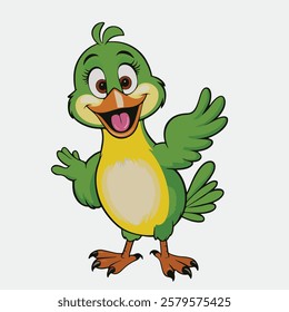 Cartoon-style green bird with big eyes, smiling, with yellow chest and belly, outstretched wings, on a light gray background.