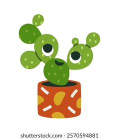 Cartoon-style green cactus with expressive eyes in a colorful red pot decorated with abstract patterns, on a white background. Concept of cheerful plants. Vector illustration