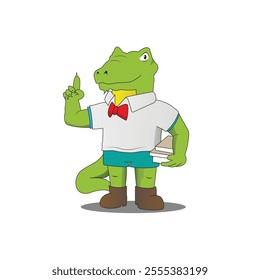 a cartoon-style green crocodile dressed as a student. It wears a white shirt with a red bow tie, blue shorts, and brown boots. Holding books and a pen, it represents a cheerful, scholarly theme.